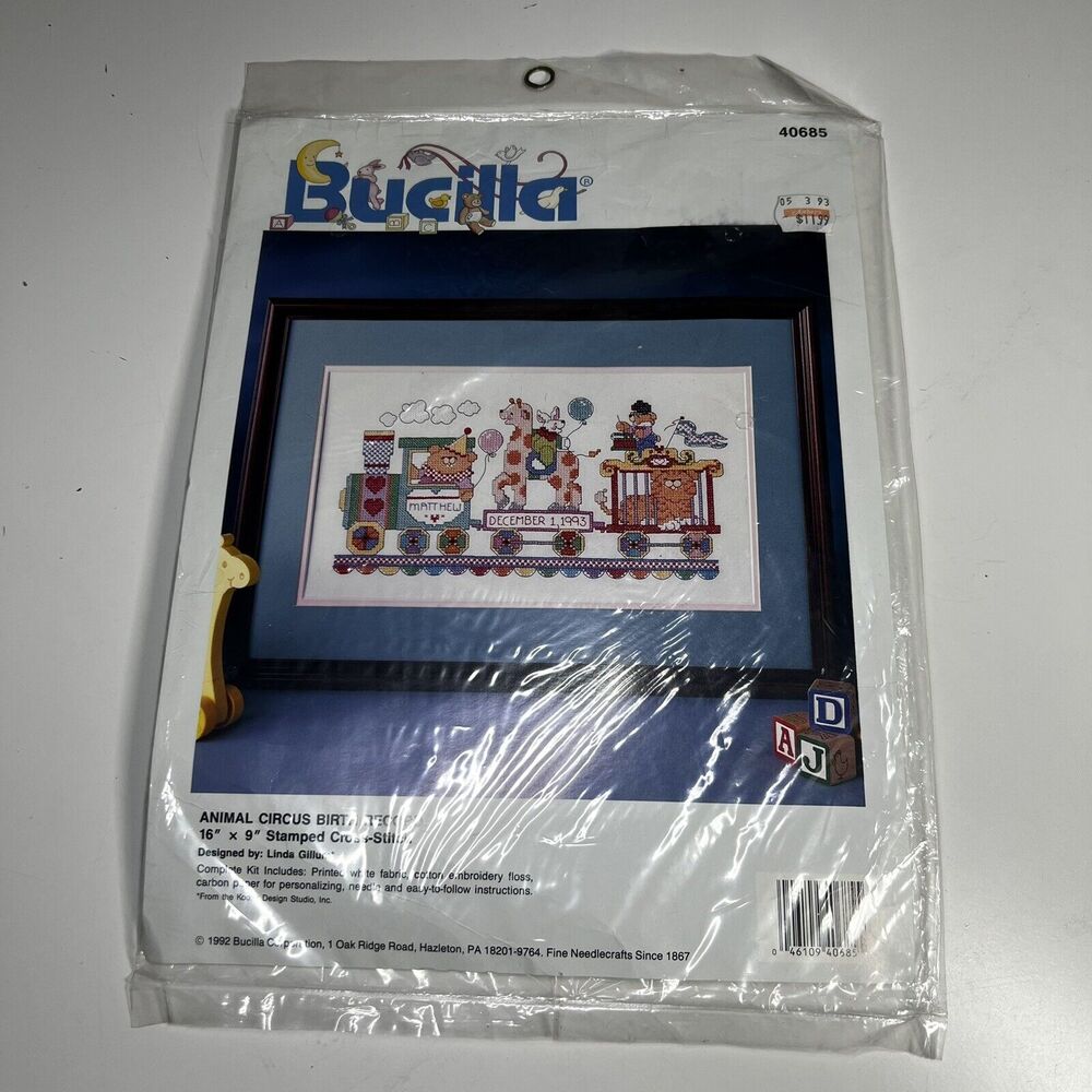 Bucilla Animal Circus Birth Record Stamped Cross Stitch Kit 40685 16" x 9" 1992